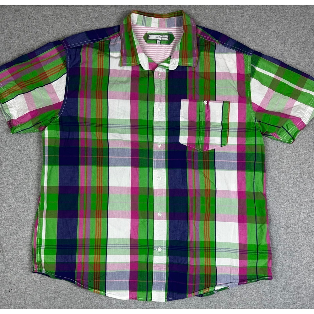 PD&C Plaid Shirt Mens 3X Green Pink Madras‎ Preppy Short Sleeve Button Down
